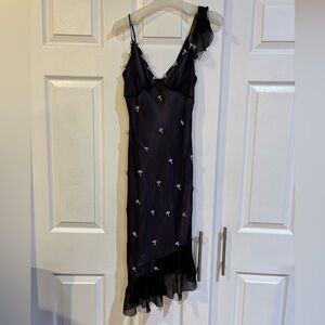 Betsey Johnson Black & Lilac Silk Asymmetrical Midi Dress